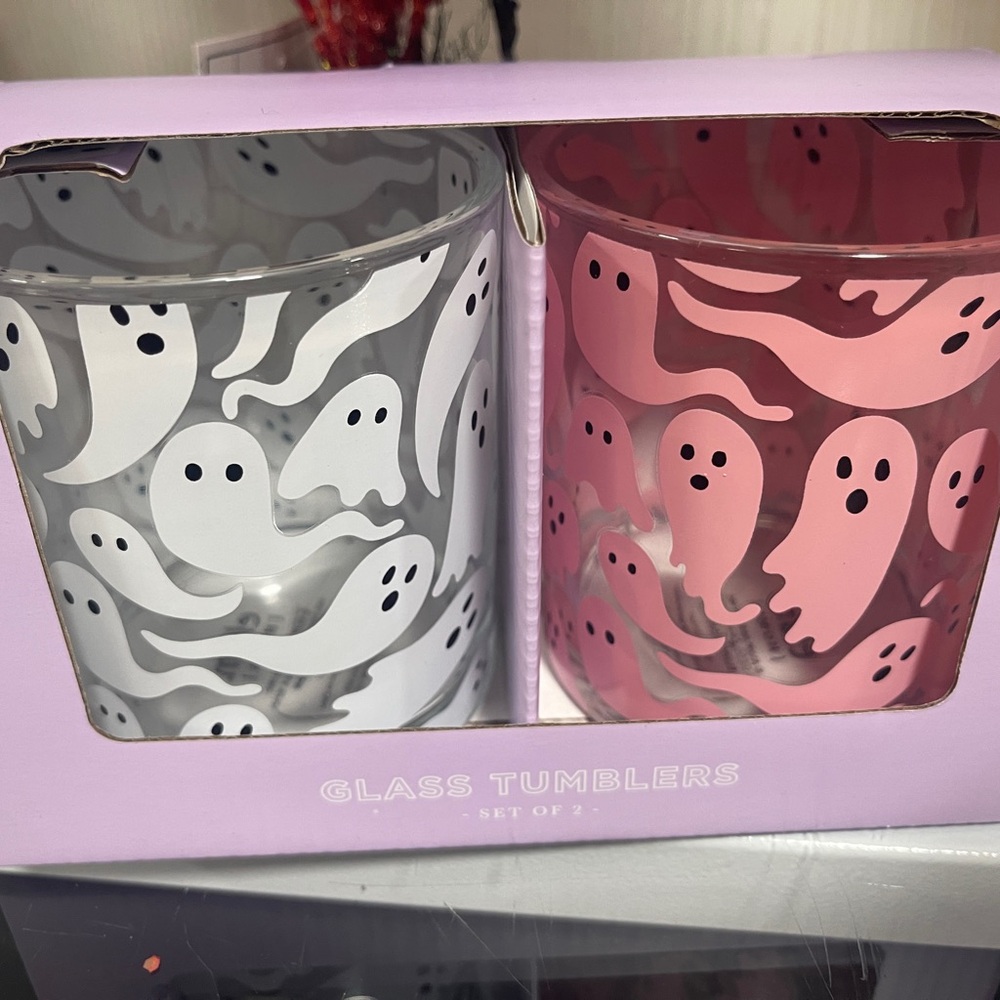 Halloween Pink Ghost & White Ghost Drinking glasses Tumblers, set of 2 NWT 🩷👻